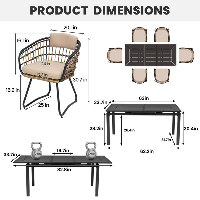Outdoor Patio Dining Extendable Aluminum Table with Cushioned PE Rattan Chairs