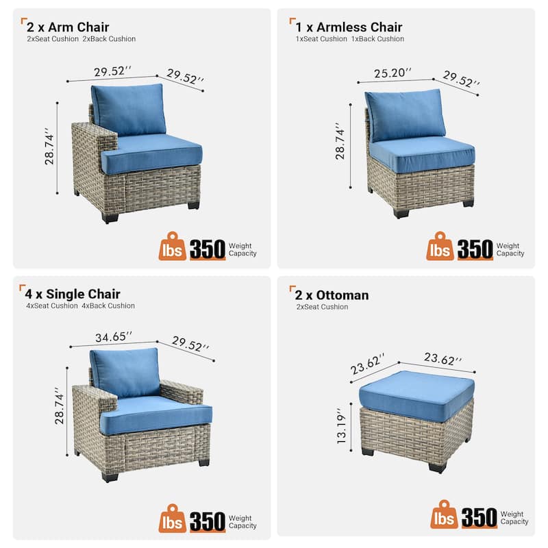 OVIOS 9 Pieces T shaped Seat Wide Armrest Set With Ottoman
