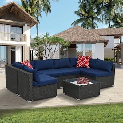 Blue 7-piece Outdoor Patio Sectional Set with Glass Table