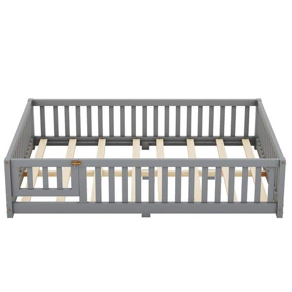 slide 2 of 8, Full Size Bed Floor Bed with Safety Guardrails and Door for Kids, Gray Gray - Full