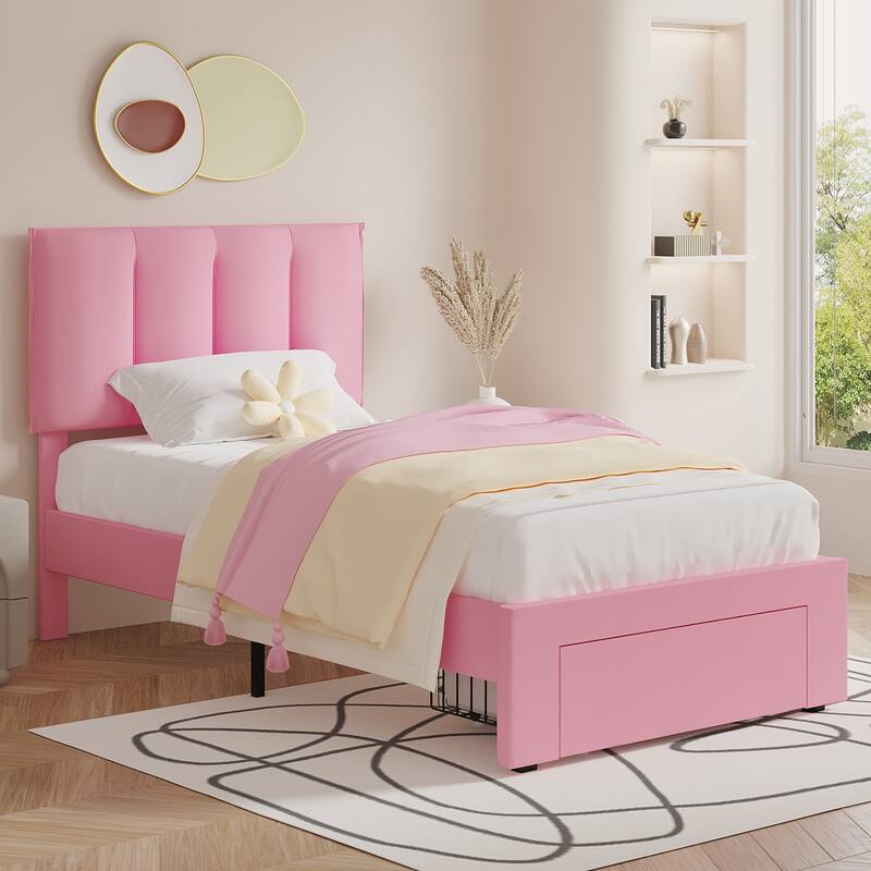 VECELO Set of 2 Kids Bed Frame with Storage Drawer Height Adjustable Upholstered Bed Twin Size Bed