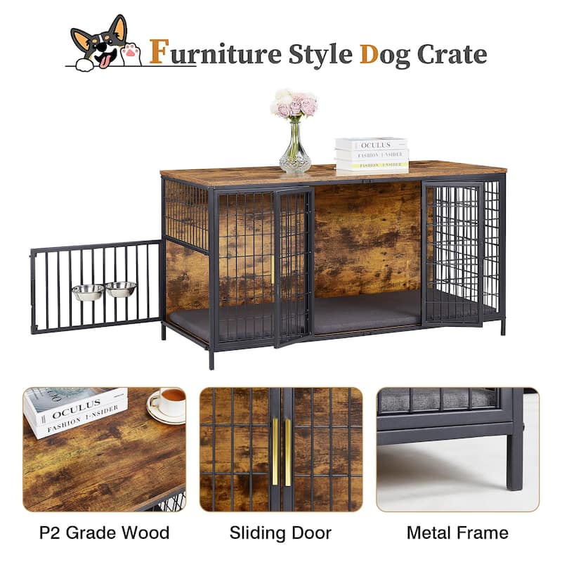 Dog Crate Furniture, Dog Cage Wooden Kennel Table with Double Doors, Indoor Dog House