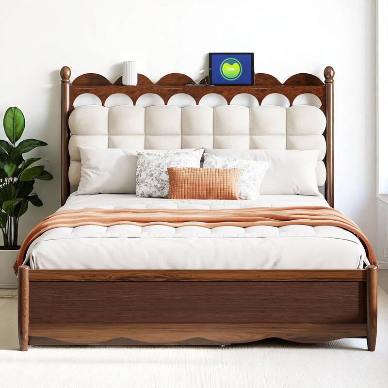 Queen Platform Bed with Trundle, 2 Big Drawers, USB & Power Outlets for Extra Storage - Walnut - Queen