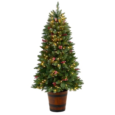 5ft. Frosted Pre-Lit Artificial Porch Christmas Tree with 200 LED Lights, 426 Branches & Berries - Festive Planter X-Mas Tree