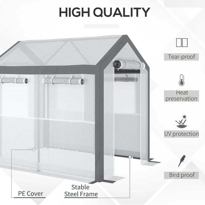 8" L Outdoor Walk-In Tunnel Greenhouse with Roll-up Windows, 2 Zippered Doors, Weather Cover - white