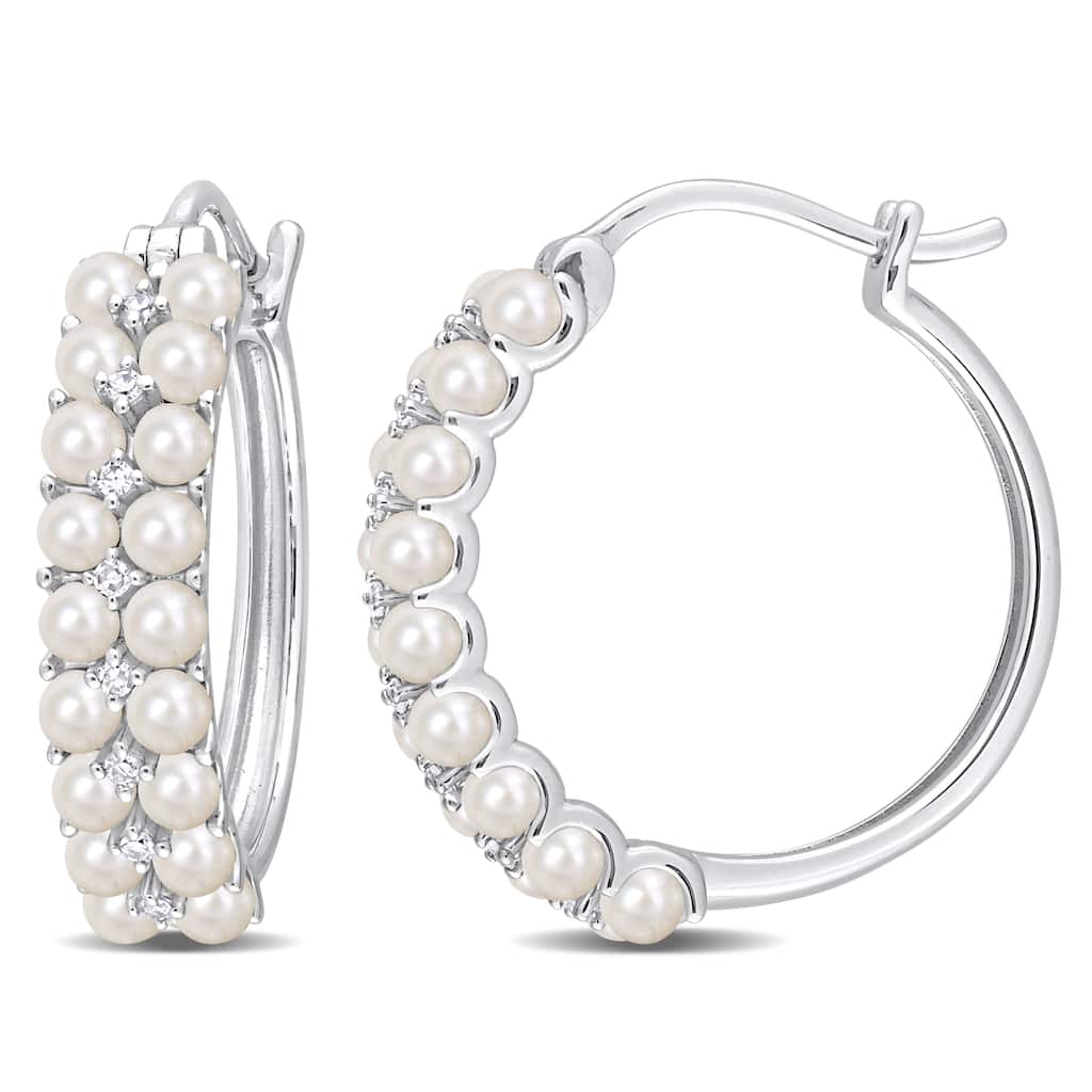Miadora White Cultured Freshwater Pearl and 1/10ct TDW Diamond Multi-row Hoop Earrings in 14k White Gold