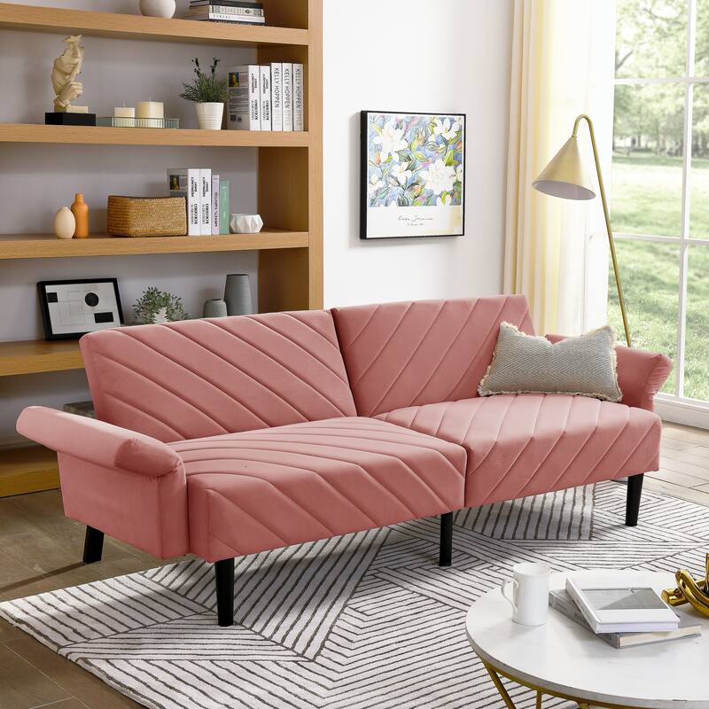 Velvet Futon Sofa Bed with 6-Position Backrest and Armrests for Apartments