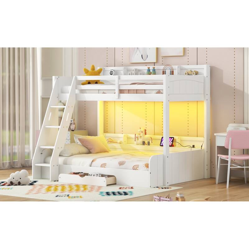 Twin/Full Bunk Bed with Storage - Includes LED Lights, Charging Station & Drawers, Ideal for Kids' Rooms & Guest Spaces