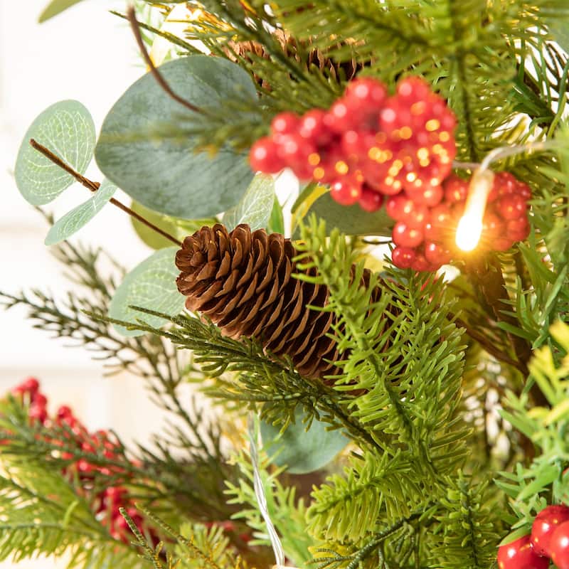 Glitzhome 3ft Christmas Lighted Pine Needle and Eucalyptus Leaf Urn Porch Tree with Timer