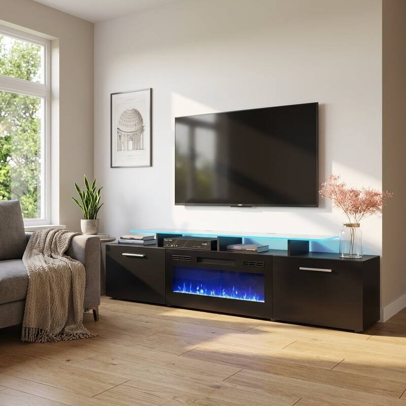 Meble Furniture Rova EF Modern 75" Electric Fireplace TV Stand for TVs up to 85", 75"W x 19"H x 14.5"D for up to 85" TVs