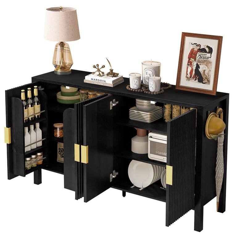 Modern 57.5" Fluted Door 4-Door Sideboard with Side Hooks and Adjustable Shelves