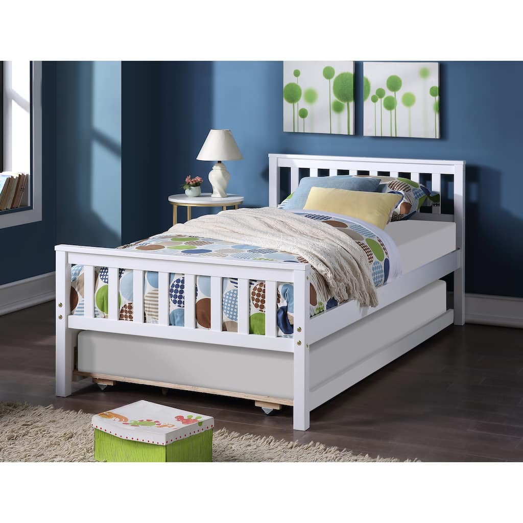 Space-Saving Twin Platform Bed with Pull-Out Trundle, Headboard & Footboard, No Box Spring Needed, White