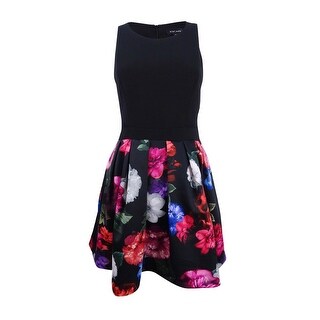 xscape fit and flare floral dress XSCAPE Navy and Gold Floral, Fit and Flare, Halter Dress