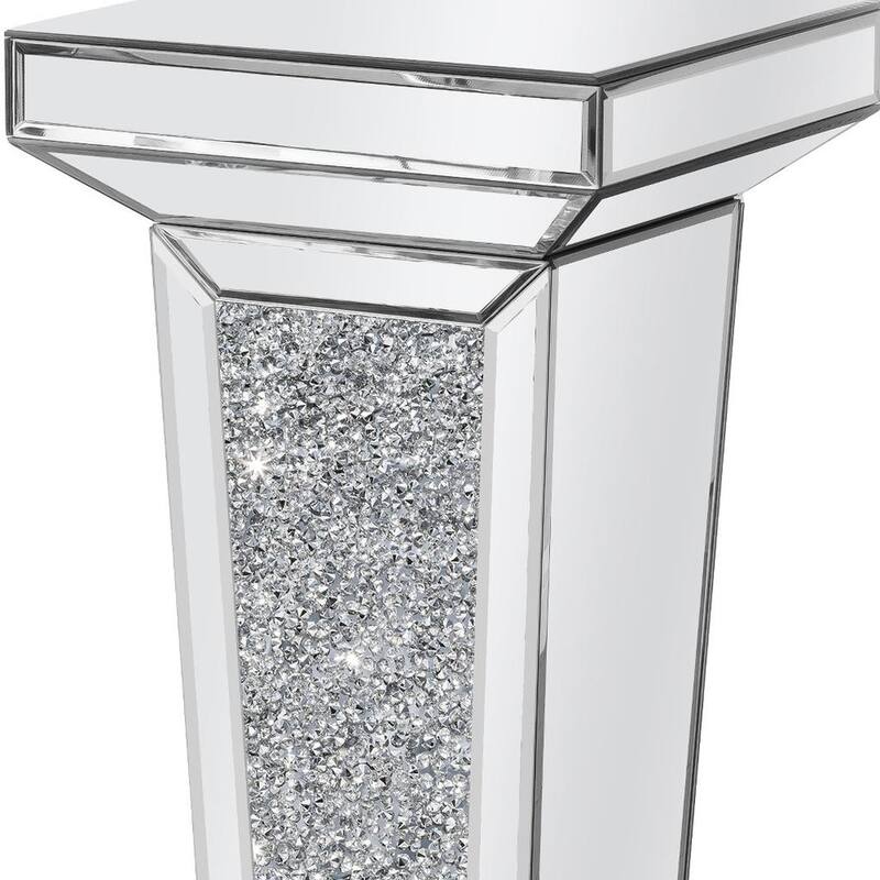 HomeRoots 35" Silver Mirrored Glass And Faux Crystals Pedestal Accent Table - 12.60 in. x 35.43 in. x 10.24 in.