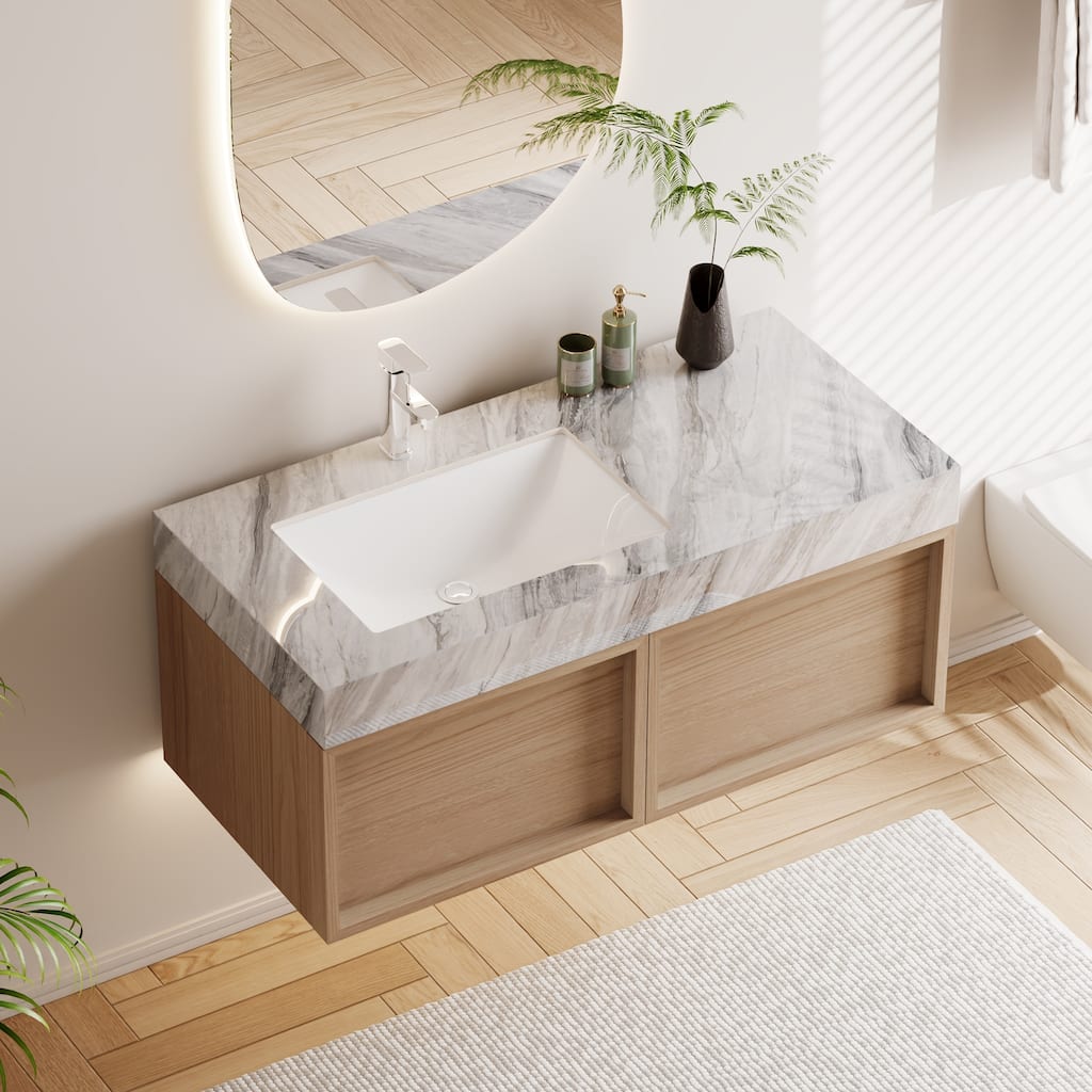 36" Modern Floating Bathroom Vanities, Sintered Stone Table top with Solid Wood Cabinets, Not Assembled Need