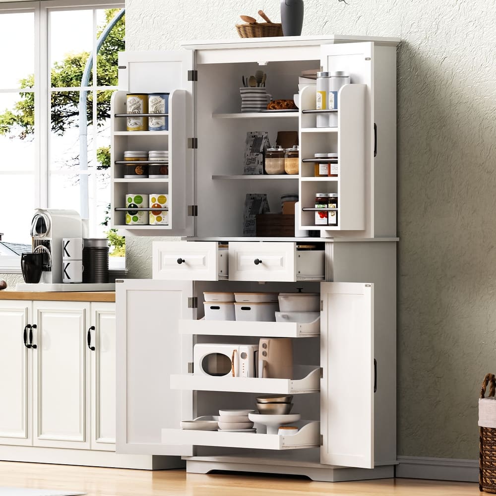 Kitchen Pantry Cabinet with 3 Pull Out Trays, Freestanding Buffet Cabinet with Adjustable Shelves, 2 Door Organizers & 2 Drawers
