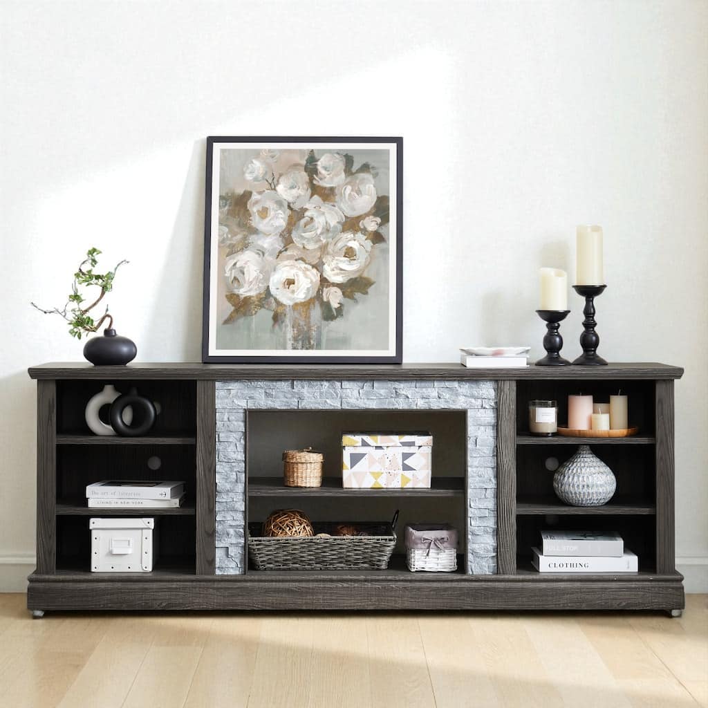 70" TV Stand with Faux Stacked Stone Surround, Modern Entertainment Console with Large Storage Cabinets