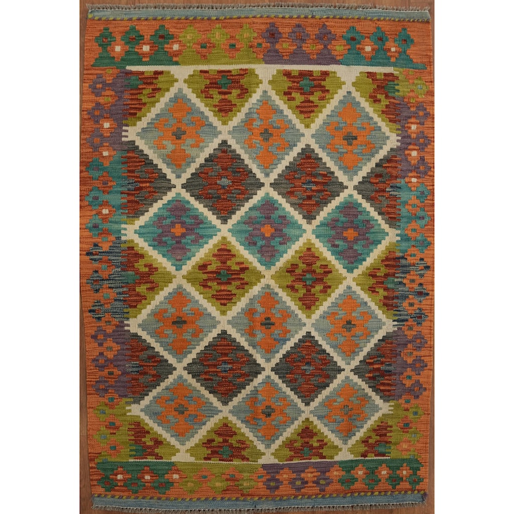 Hand Woven Oriental 100% Wool Carpet Southwestern Geometric Multi-Colored Kilim Area Rug - 4' 11'' X 3' 5''