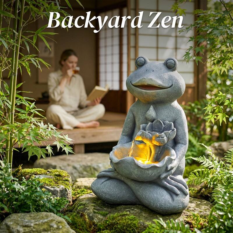 Outdoor Meditating Frog Water Fountain with Lotus Accents 18.9in Tall and Lights