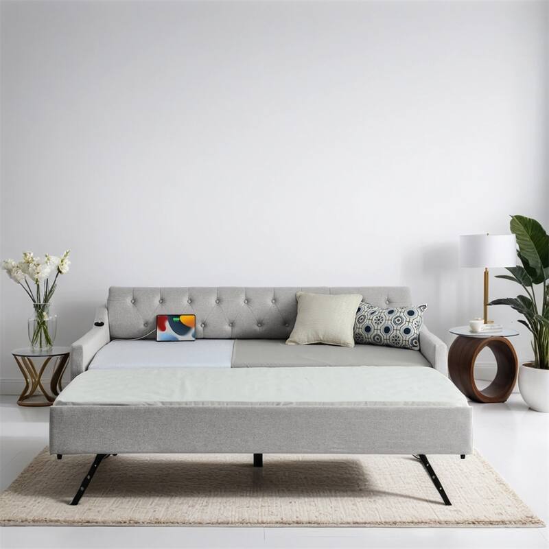 Upholstery DayBed w/Twin Size Erectable Trundle & USB Charging Design