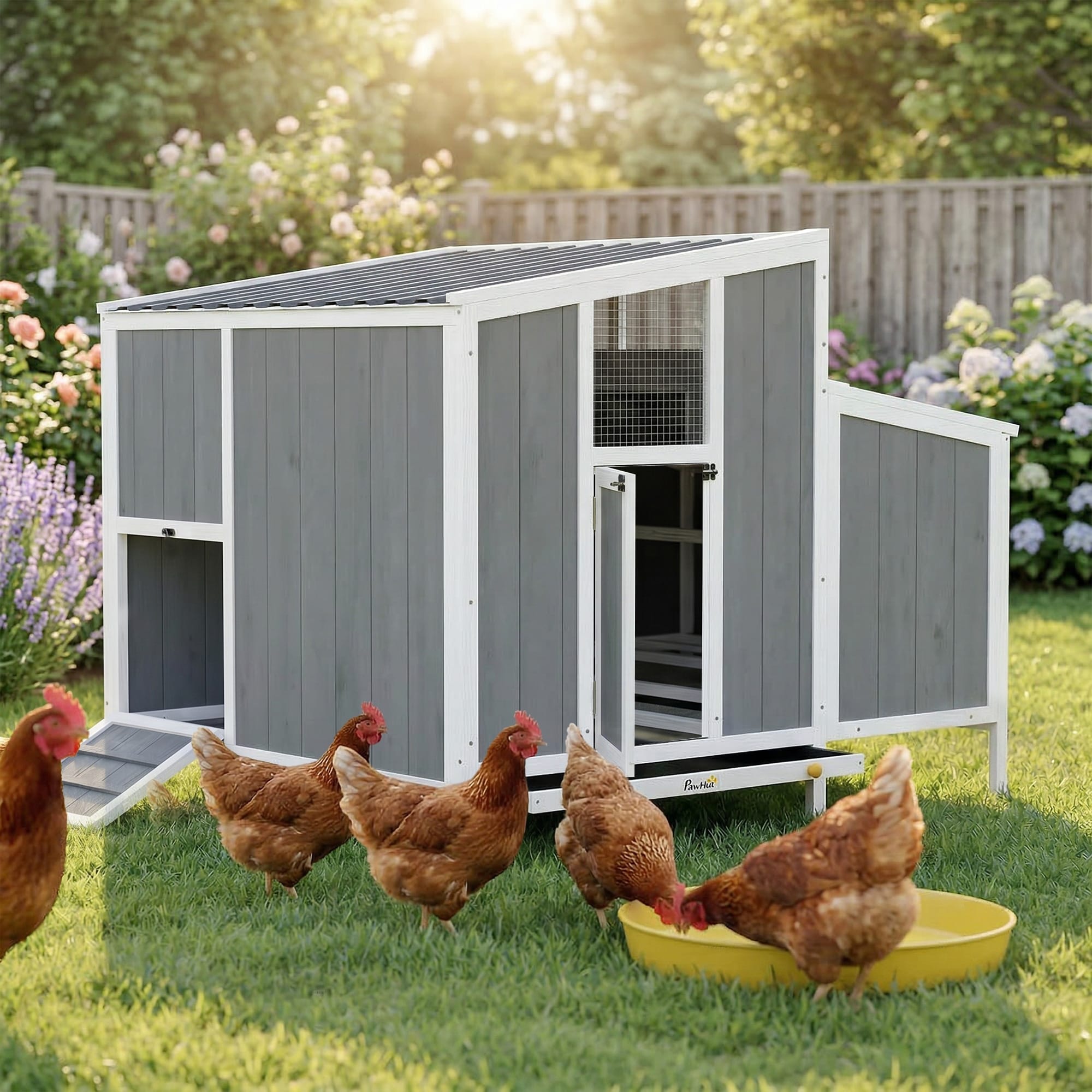 PawHut Gray 49.2" Wooden Chicken Coop Hen House with Nesting Box