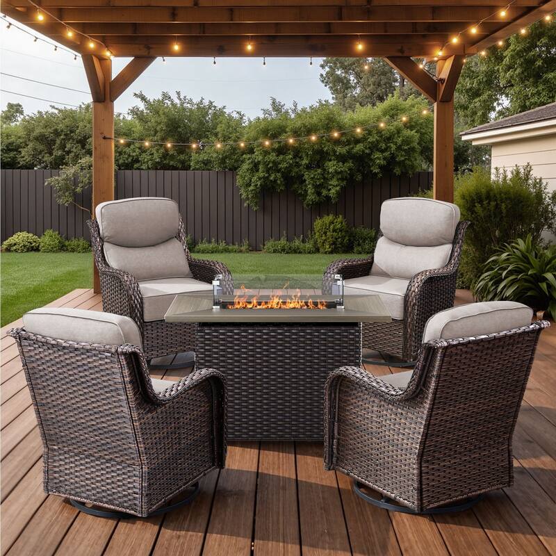 Arcadia 5-Piece Patio Conversation Set with 4 Swivel Glider Chairs and Wicker Fire Pit