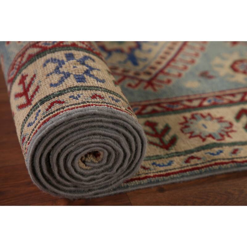 Light Blue Kazak Runner Rug Hand-Knotted Wool Carpet - 2'7" x 15'9"