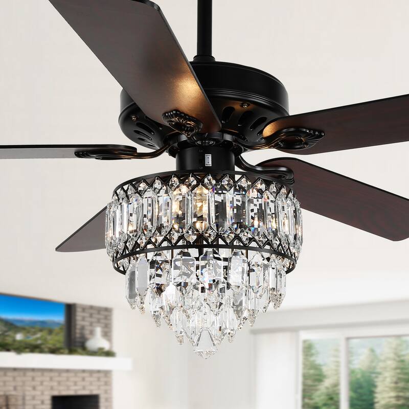 Oaks Aura 52in. Luxury Crystal Classic Reversible Ceiling Fan with Remote Control, 5 Wooden Blades Ceiling Fan with Lights - 52 - Black