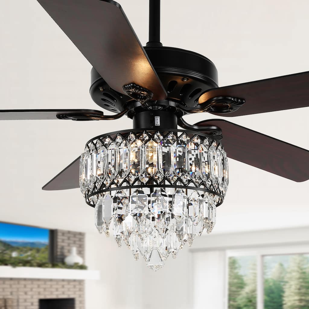 Oaks Aura 52in. Luxury Crystal Classic Reversible Ceiling Fan with Remote Control, 5 Wooden Blades Ceiling Fan with Lights - 52