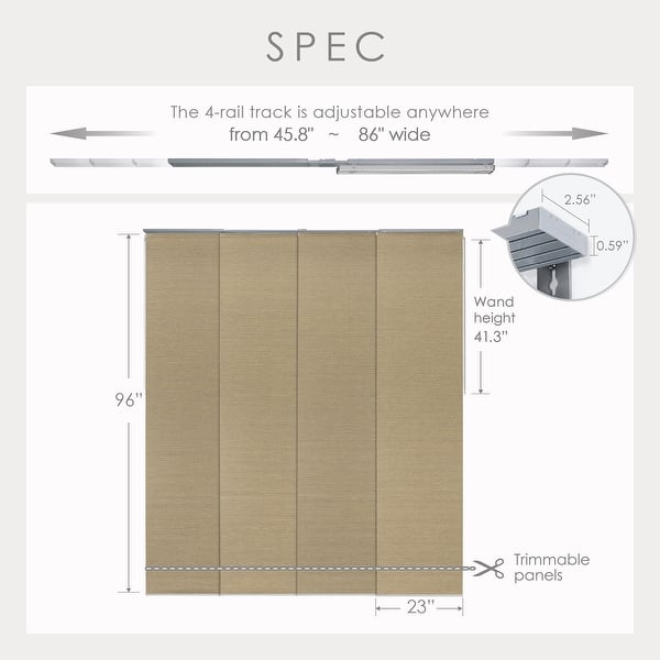 dimension image slide 3 of 13, GoDear Design 99.99% Blackout & Sheer Natural Woven Adjustable Sliding Panel Track Blinds, Vertical Blinds, 45.8"- 86" W x 96" L