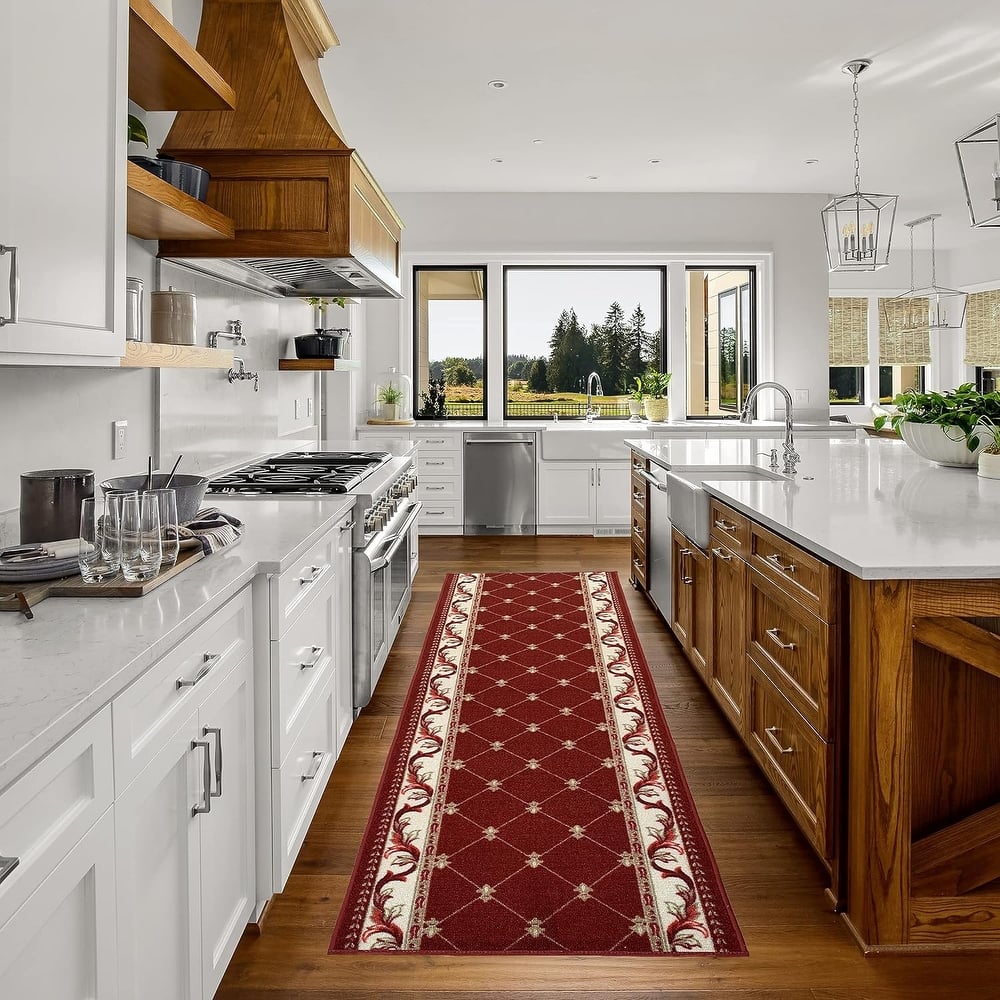 Custom Size French Trellis Design Brown,Red,Blue Color Non-Slip Rubber Backing- 31 Inch WidexYour Choice of Length Runner Rug