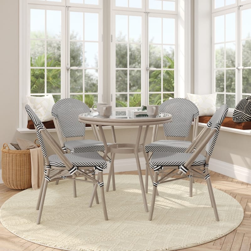 Indoor/Outdoor Commercial Bistro Set with Table and Four Chairs - Black & White Textilene/Light Natural Frame