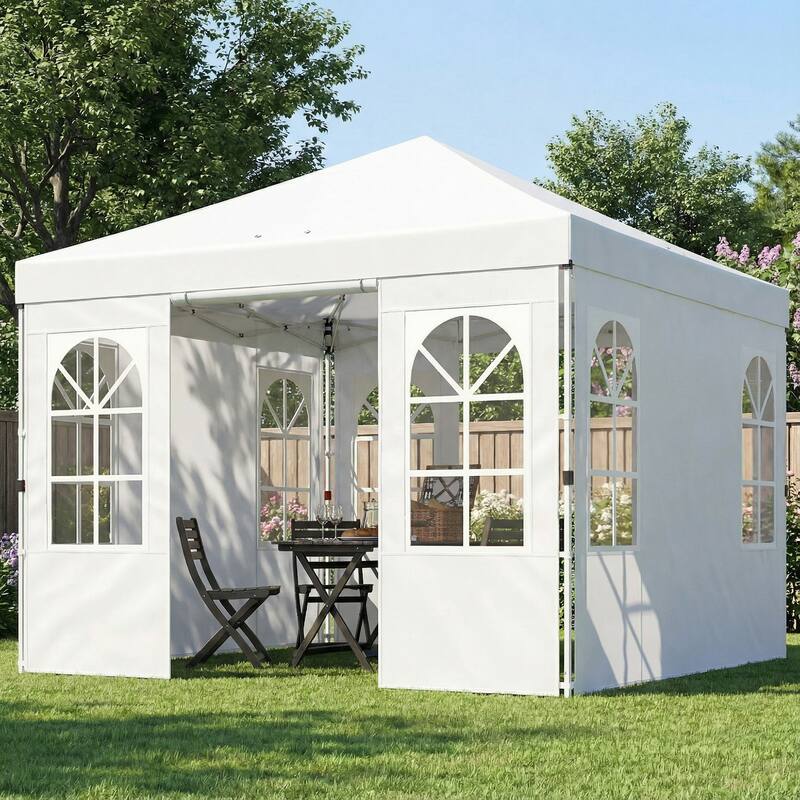Outsunny 9.6 x 9.6 ft Pop Up Canopy Tent with Sidewalls, One Button Push Setup, UPF50+ Outdoor Portable Instant Canopy Shelter - White