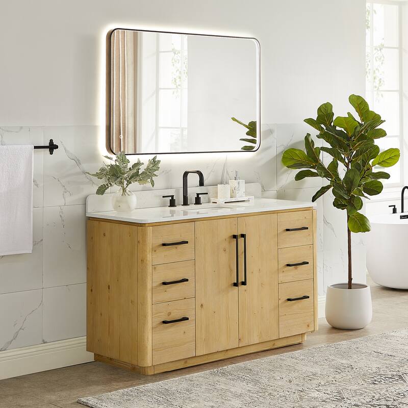 Serene Bathroom Vanity in Nature Brown with Grain White Engineered Stone Countertop with Mirror