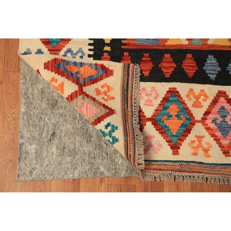 Geometric Kilim Reversible Area Rug Hand-Woven Orange Wool Carpet - 8'3"x 11'0"