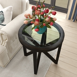 tempered glass coffee table solid wood base round transparent glass top ...