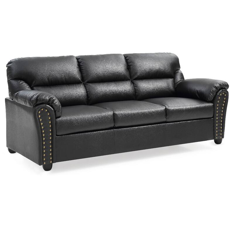 Flared Arm Faux Leather Straight Sofa with Nailhead Trim - 82" - Black