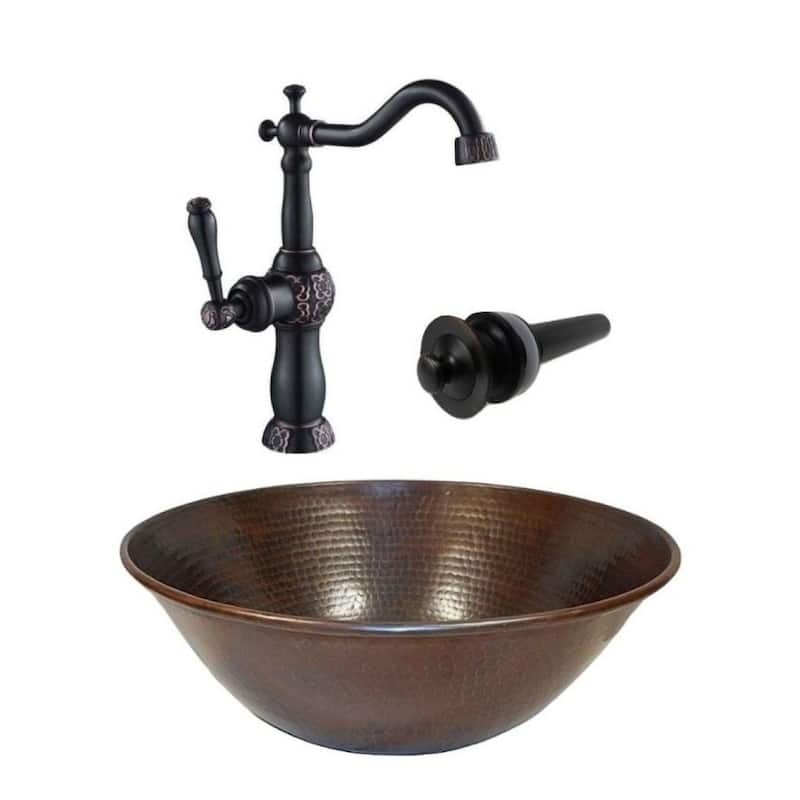 14" Round Copper Vessel Bathroom Sink 13 Faucet & LT Drain Included - 14" x 14" x 5.5"