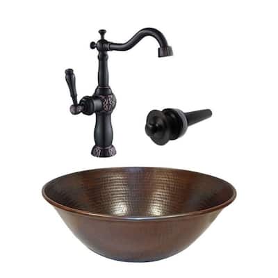14" Round Copper Vessel Bathroom Sink 13 Faucet & LT Drain Included - 14" x 14" x 5.5"