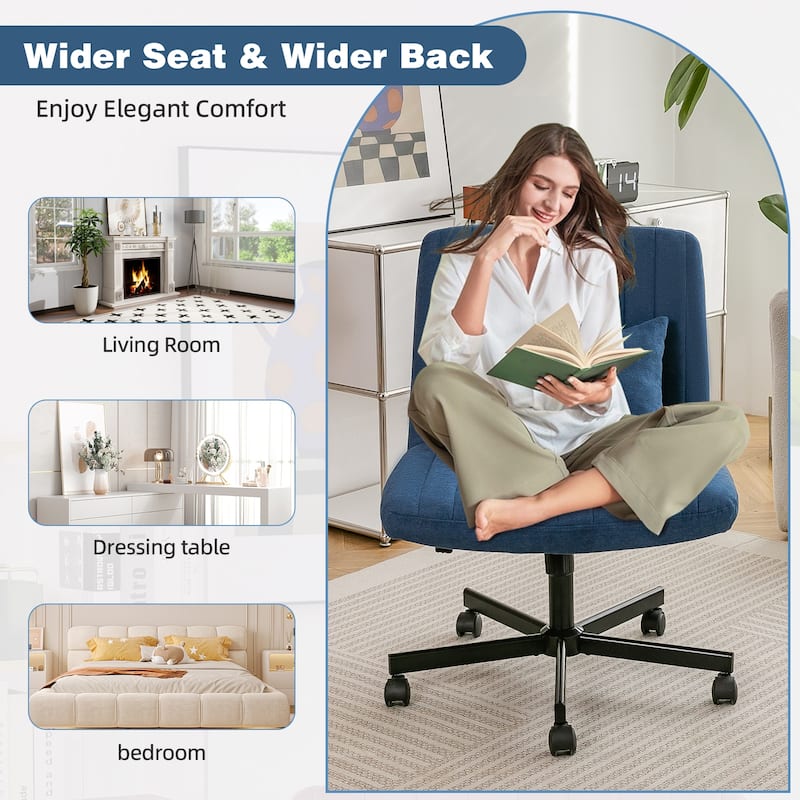 Criss Cross Chair with Wheels, Adjustable Armless Swivel Rolling Chair, Linen Upholstered Office Chair with Lumbar Pillow