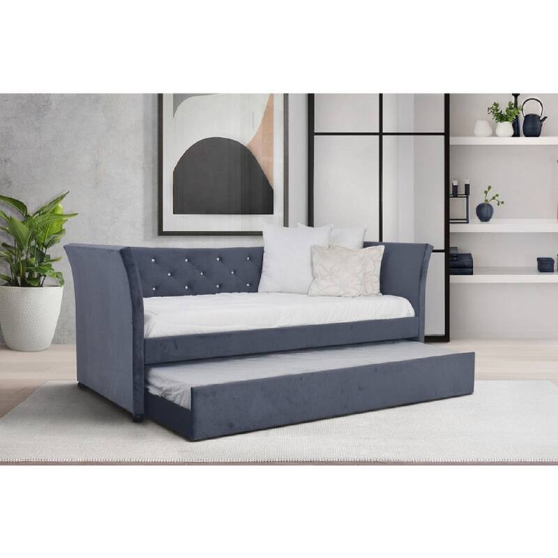 Modern Tufted Daybed with Trundle Velvet Upholstered Sofa Bed - Charcoal