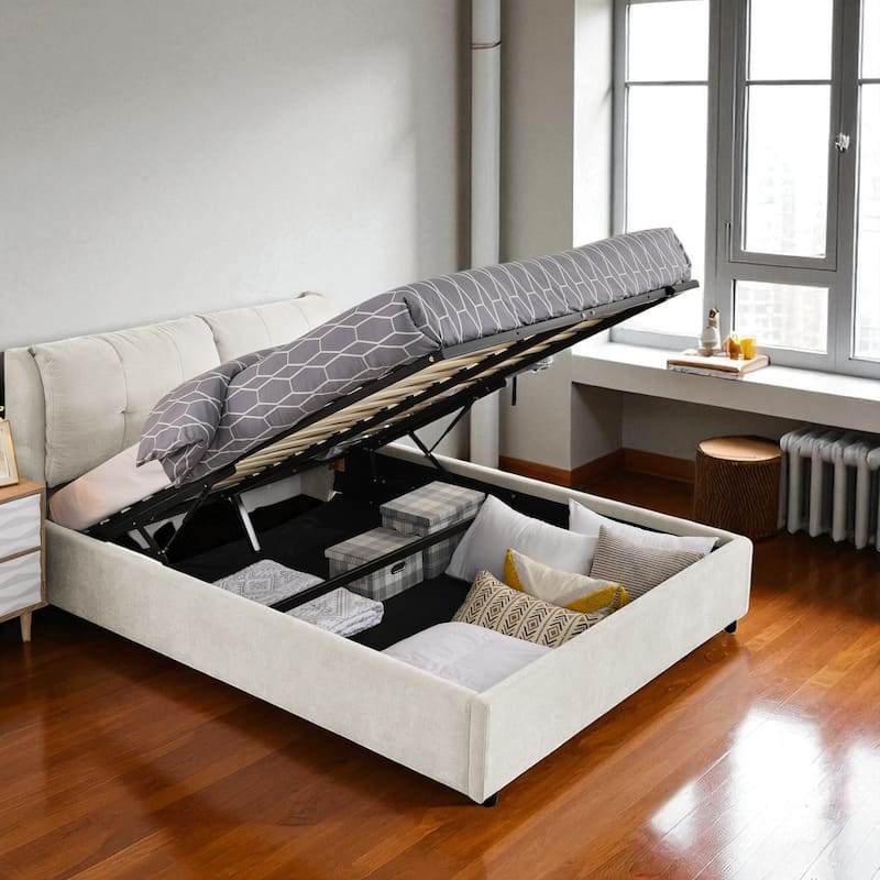 Queen/King Size Upholstered Hydraulic Storage Platform Bed with Chenille Fabric and Integrated Headboard