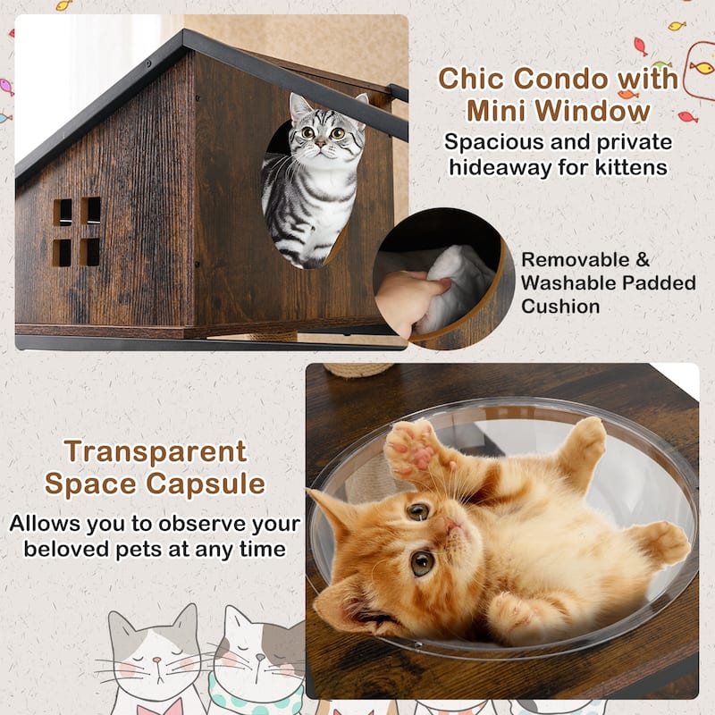 59" Tall Rustic Wood Cat Tree with Hidden Litter Box Enclosure Condo and Scratch Post Cat Tower