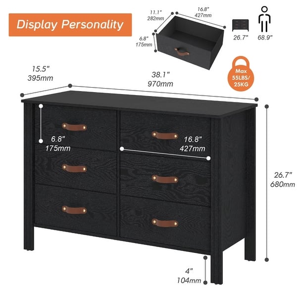 dimension image slide 0 of 4, Wood Dresser for Bedroom with Fabric Drawer, Classic Storage Organizer
