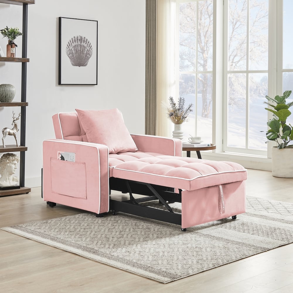 Pink Modern 35.43" 3 in 1 Single Velvet Sofa Bed with Adjustable Back and Pocket for Living Room