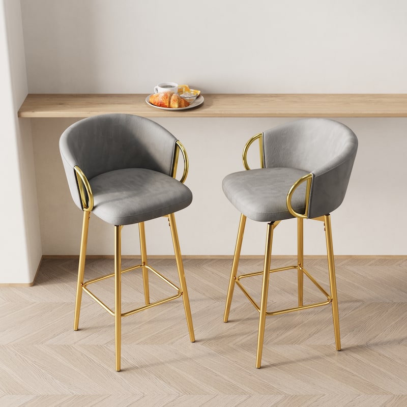 Velvet Bar Chair Set of 2, 360° Swivel Bar Chairs with Metal Legs, Upholstered Counter Height Bar Chairs w/Anti Slip Pads