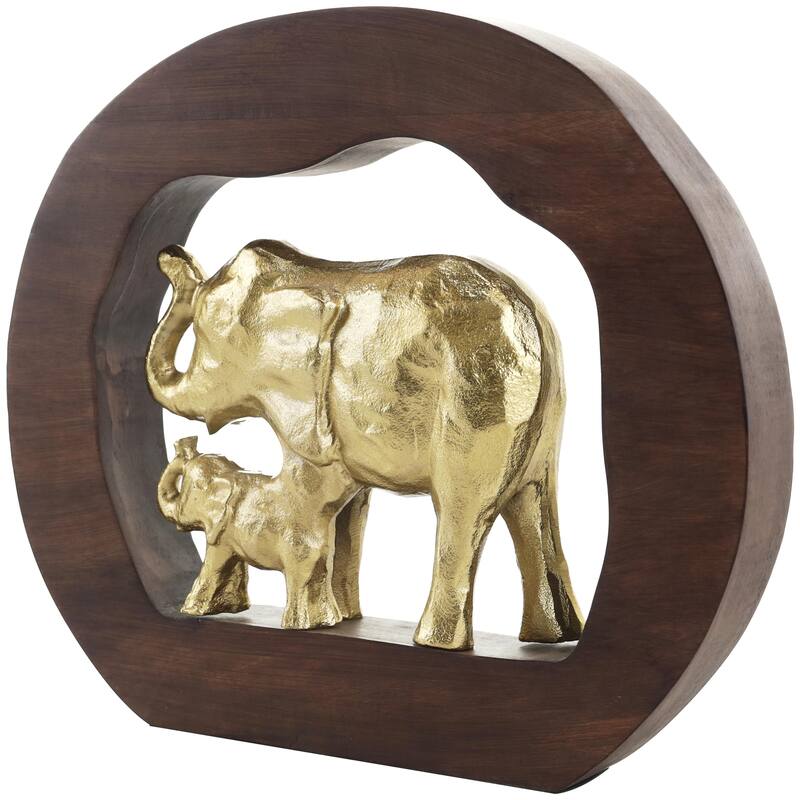 Aluminum Metal Elephant Decorative Sculpture with Brown Wooden Frame - Gold - Roche River Decor - Gold - 14"W,12"H