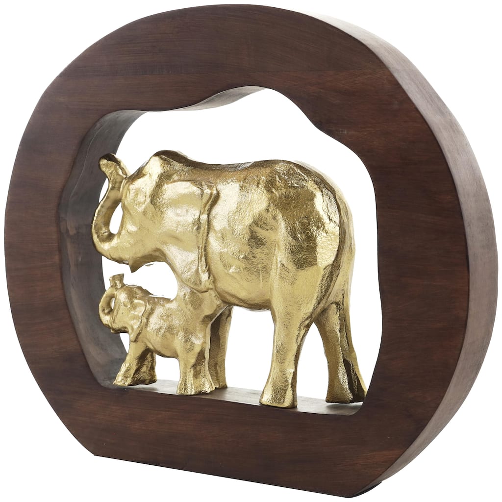 Aluminum Metal Elephant Decorative Sculpture with Brown Wooden Frame - Gold - Roche River Decor