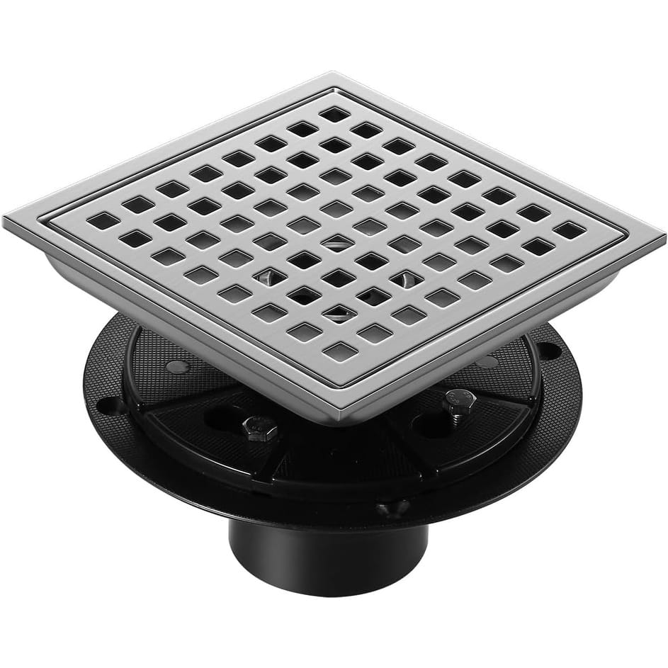 PROOX 6 inch Square Shower Floor Drain with Flange Removeable Grid Panel - 6 in.