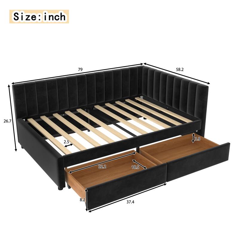 Full Size Daybed with Storage Drawers Upholstered Corner Bed with L Shaped Headboard Velvet Daybed Frame